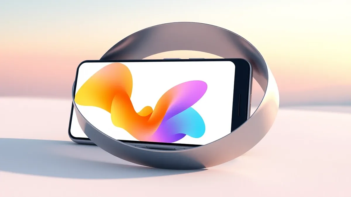 Illustration: A modern smartphone rests on a smooth white surface, its blank screen displaying abstract colorful shapes that suggest a digital interface.