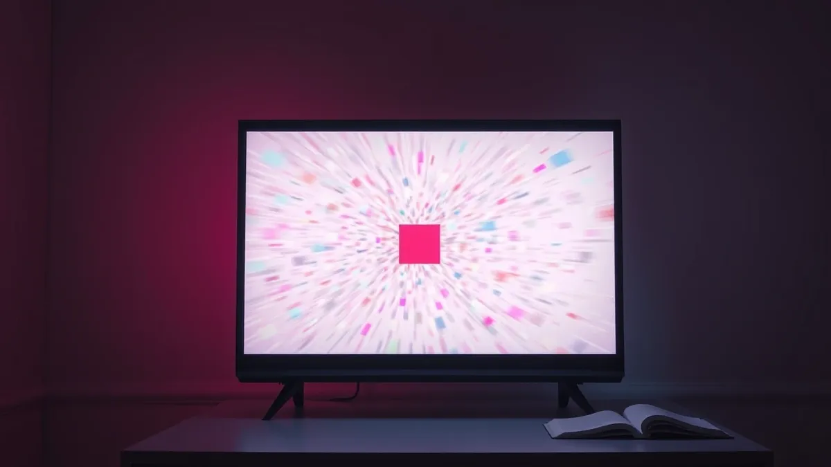 Illustration: A blank television screen sits in a dim room, reflecting a chaotic swirl of abstract color patches that suggest rapid motion.