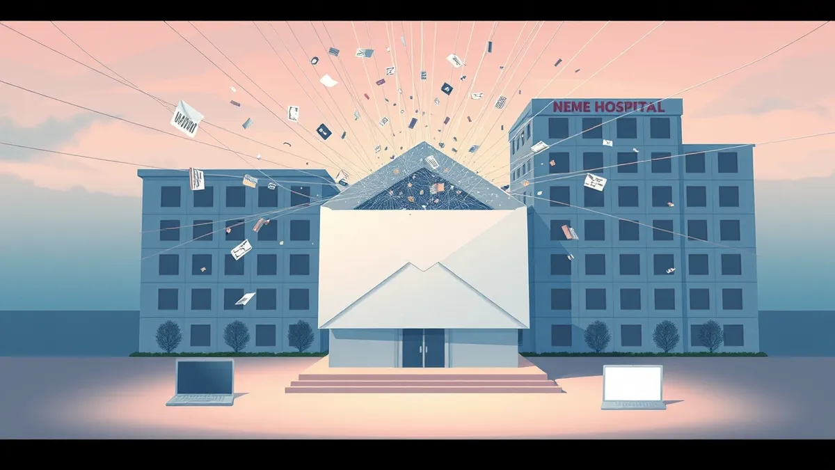 Illustration: A tangled web of invisible threads connects a blank white envelope to a generic hospital building.