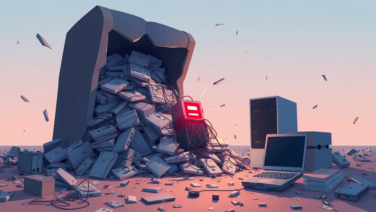 Illustration: A chaotic pile of broken software packages spills from a cracked digital archive box.