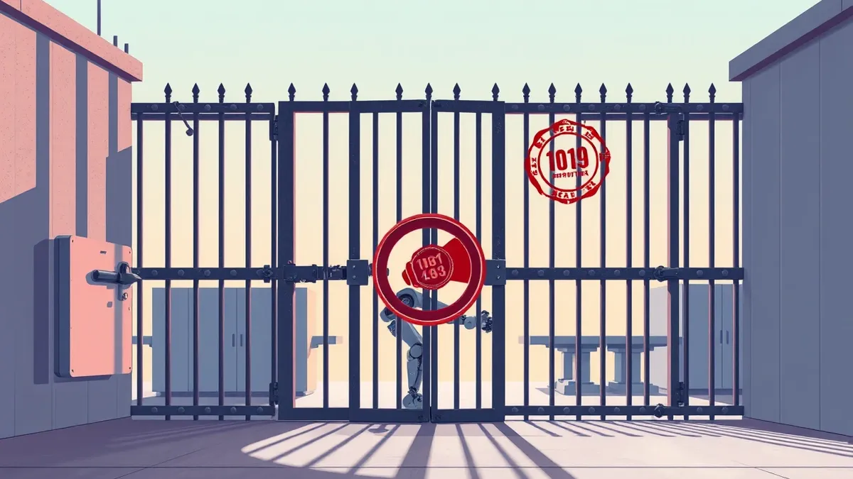 Illustration: A heavy iron gate blocks a futuristic laboratory door, sealed with a thick red wax stamp.
