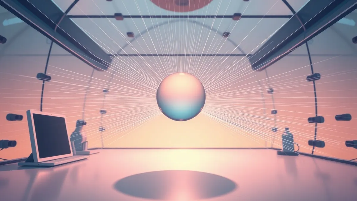 Illustration: A tiny glass bead hangs suspended in mid-air within a laboratory vacuum chamber.