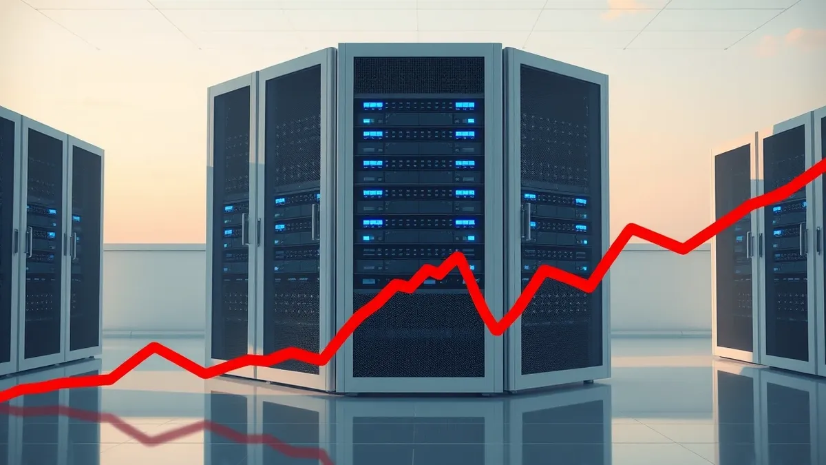 Illustration: A sleek white server rack with blinking blue indicator lights sits in a sterile room, while a jagged red line plummets sharply downward across the foreground, visuall