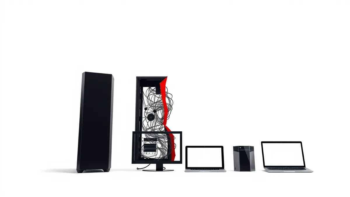 Illustration: A sleek, black server tower sits isolated against a stark white background.
