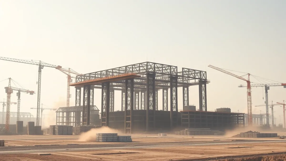 Illustration: A sprawling construction site features skeletal steel frames rising into a hazy sky, surrounded by heavy cranes and piles of concrete slabs.