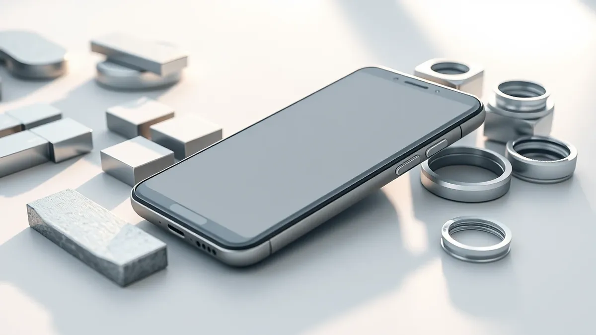 Illustration: A sleek titanium smartphone shell rests on a clean white workbench beside raw metal ingots and precision camera lens elements.