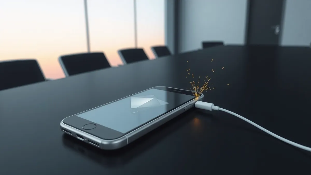 Illustration: A silver smartphone rests on a dark conference table, its screen displaying only abstract geometric shapes that suggest a broken interface.