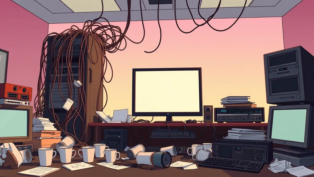 Illustration: A chaotic television editing suite sits in disarray, with tangled cables spilling from a darkened server tower.