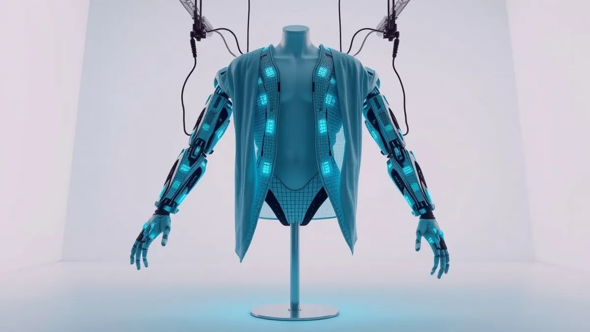 Illustration: A motion capture suit drapes over a mannequin in a bright studio.