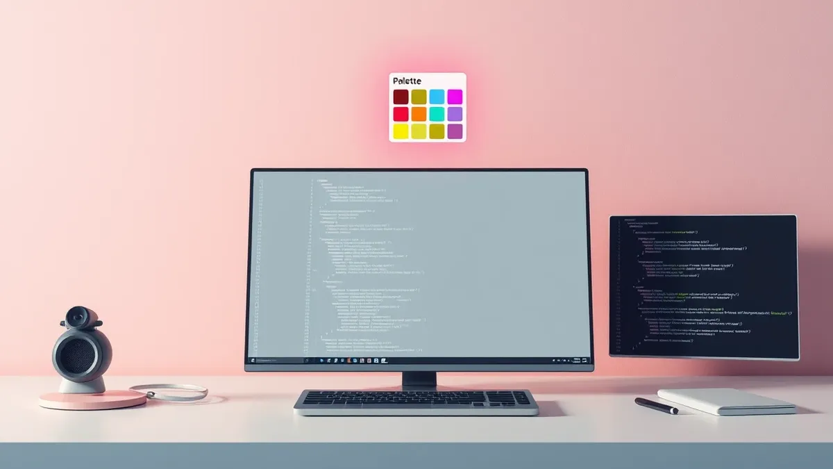 Illustration: A sleek code editor window sits on a desk, displaying lines of abstract syntax.