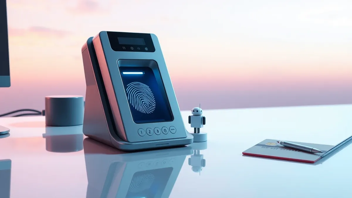 Illustration: A sleek biometric scanner sits on a polished desk next to a generic credit card.