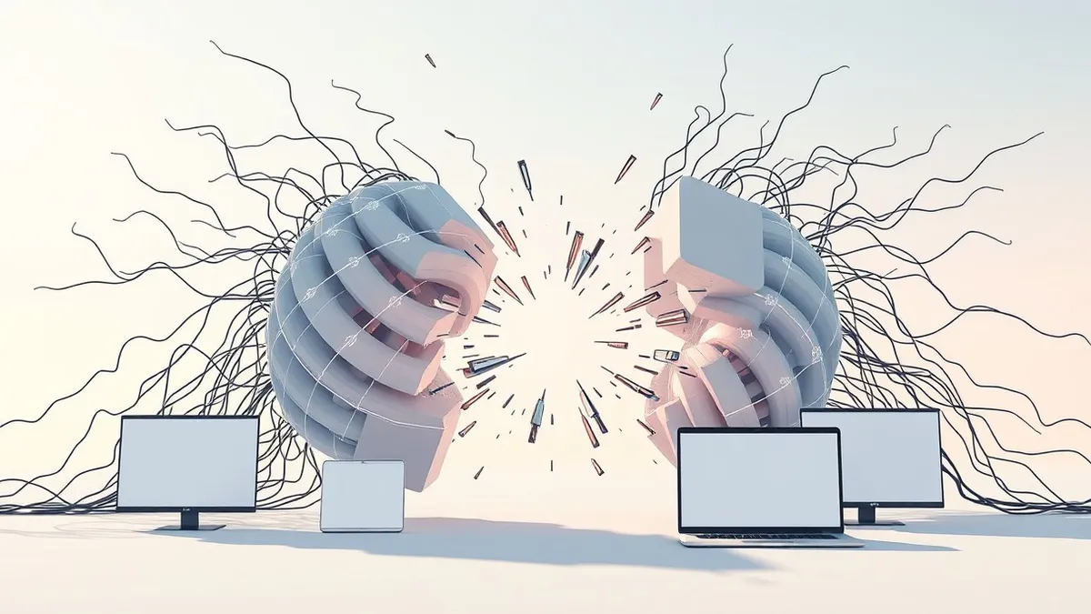 Illustration: A tangled knot of abstract data streams snaps violently open, revealing sharp, jagged command lines bursting from the center of a digital model.