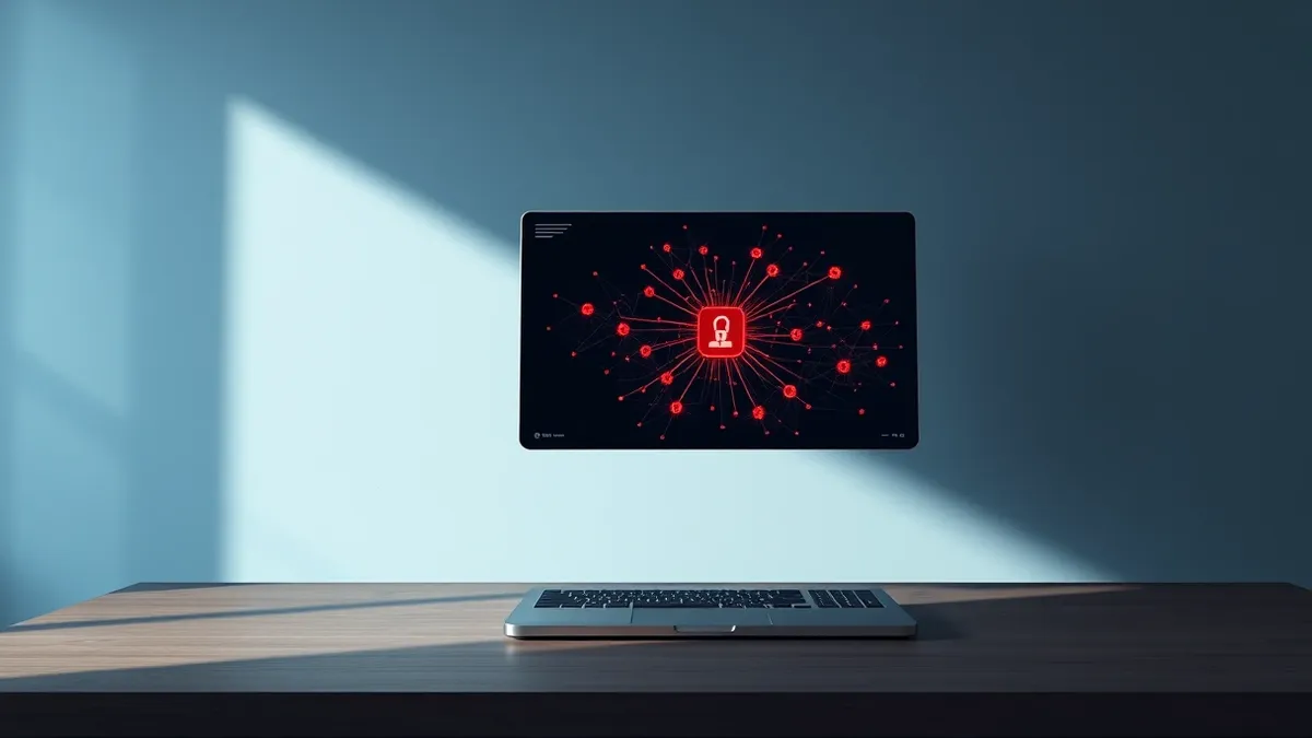 Illustration: A dimly lit room contains a sleek laptop on a wooden desk.