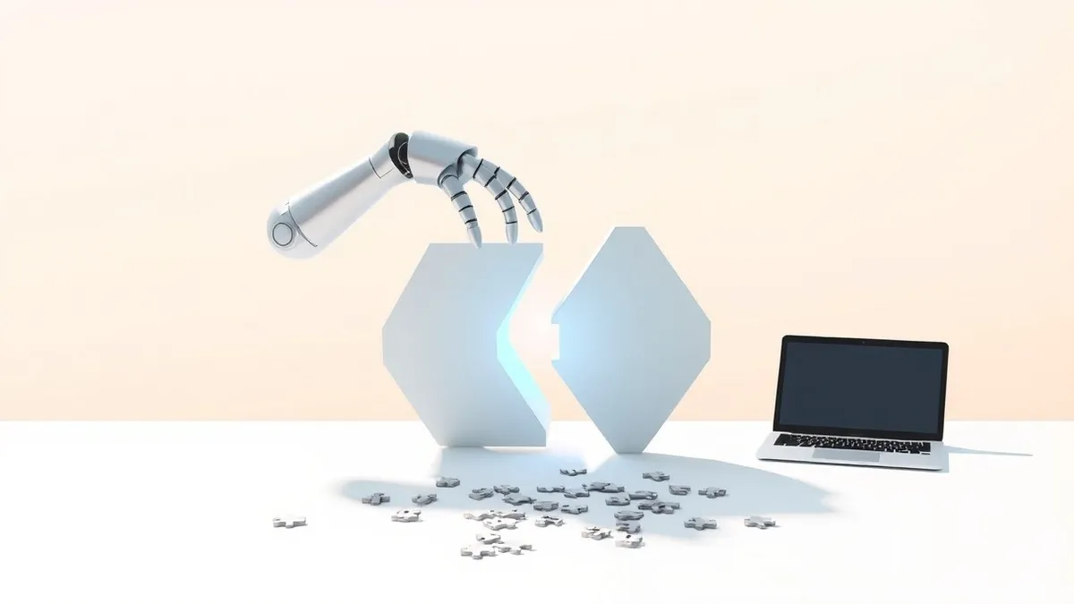 Illustration: A sleek silver robot arm gently merges two abstract geometric shapes on a clean white table, symbolizing corporate consolidation.