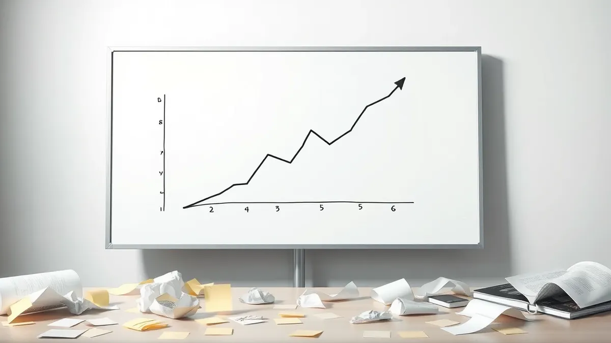 Illustration: A whiteboard displays a steeply declining line chart drawn in black marker, surrounded by scattered sticky notes and crumpled paper.