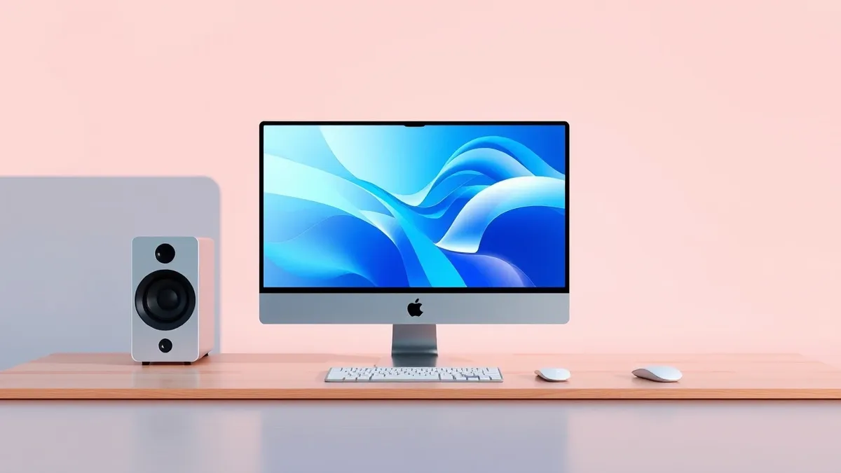 Illustration: A sleek silver desktop computer sits on a clean wooden desk, its screen displaying bright abstract geometric shapes in motion to symbolize rapid loading speeds.