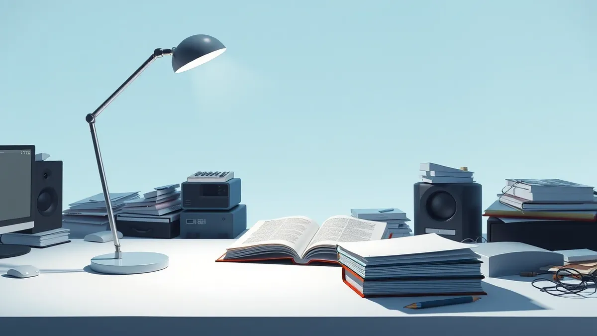 Illustration: A sleek, minimalist desk lamp casts focused light onto a single, thick scientific journal resting on a clean white surface.