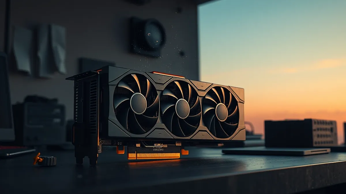 Illustration: A high-end graphics card with exposed copper heat pipes rests on a dark workbench, its cooling fans still and blades sharp against the dim light.