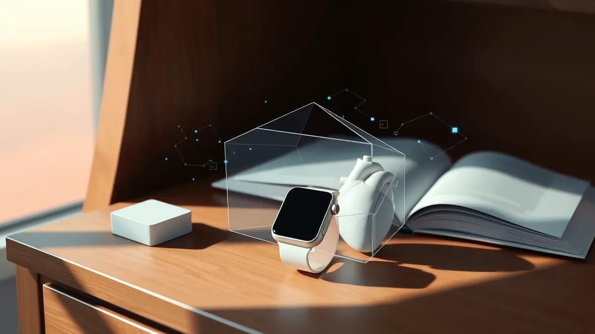 Illustration: A white smartwatch rests on a wooden bedside table beside a ceramic heart model.