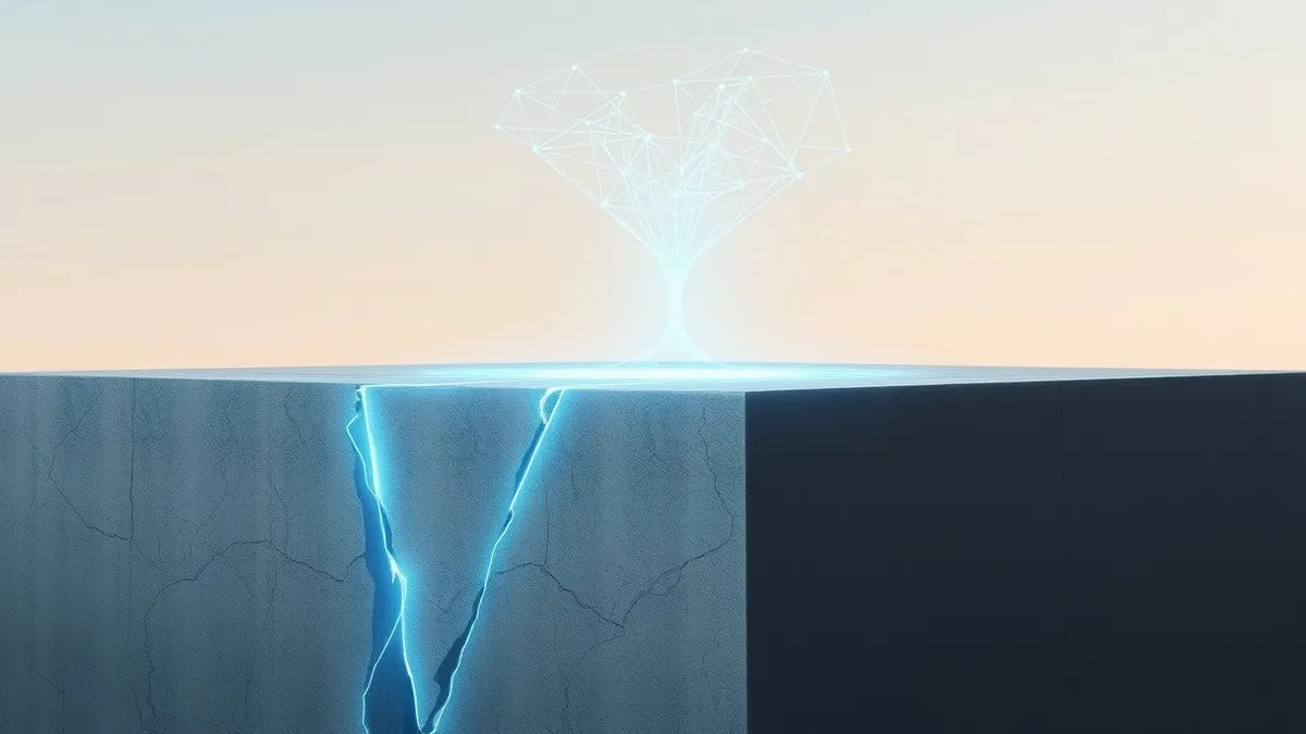 Illustration: A translucent, glowing web of interconnected lines hovers above a solid, cracked concrete foundation.