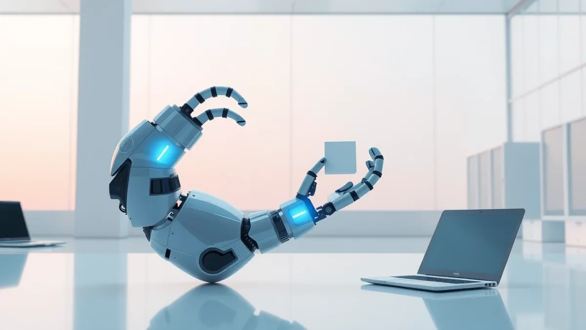 Illustration: A sleek robotic arm with gripper fingers rests inside a sterile laboratory environment.