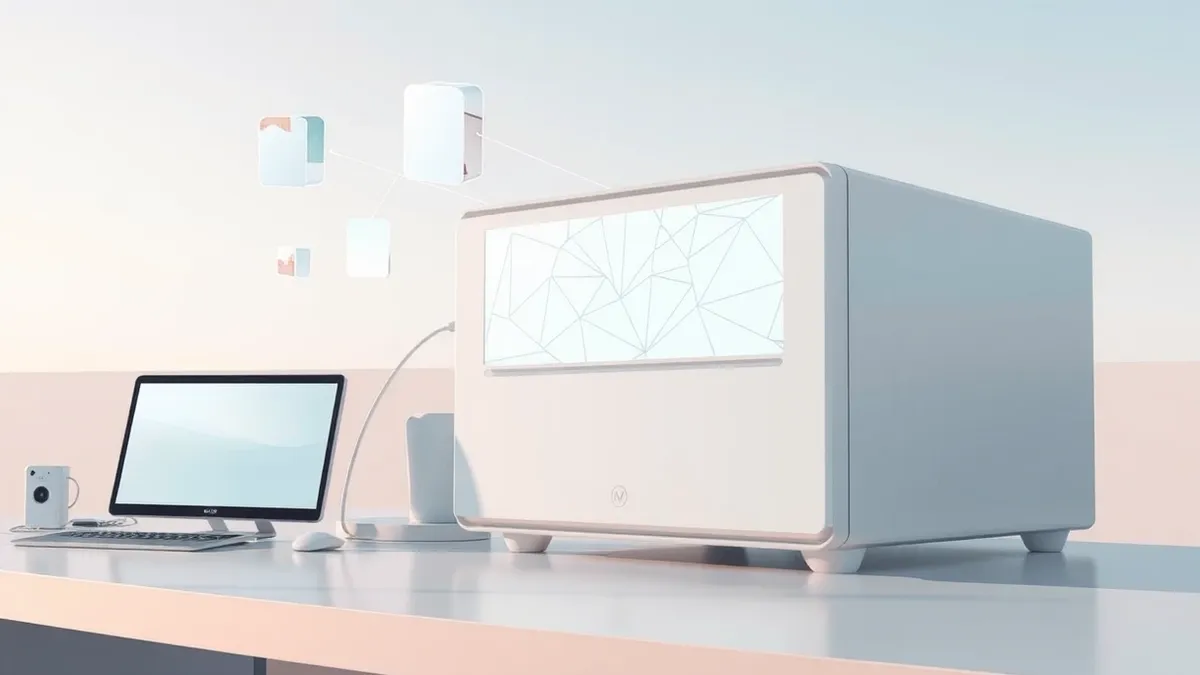 Illustration: A sleek white server unit sits on a clean desk, its front panel glowing softly with abstract geometric patterns.
