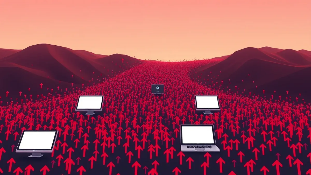 Illustration: A digital landscape of tiny red arrows floods across a dark background, moving faster and denser toward a central structure.