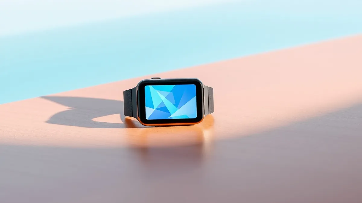 Illustration: A sleek, rectangular fitness tracker with a bright color display rests on a smooth wooden surface.