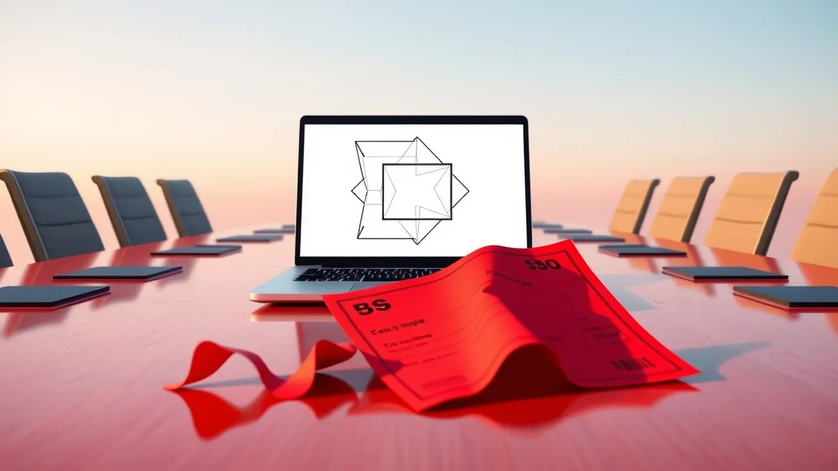 Illustration: A sleek silver laptop sits open on a polished conference table, its screen displaying only abstract geometric shapes.