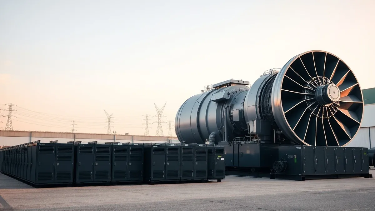 Illustration: Rows of black battery units stand beside a large natural gas turbine in an industrial yard.
