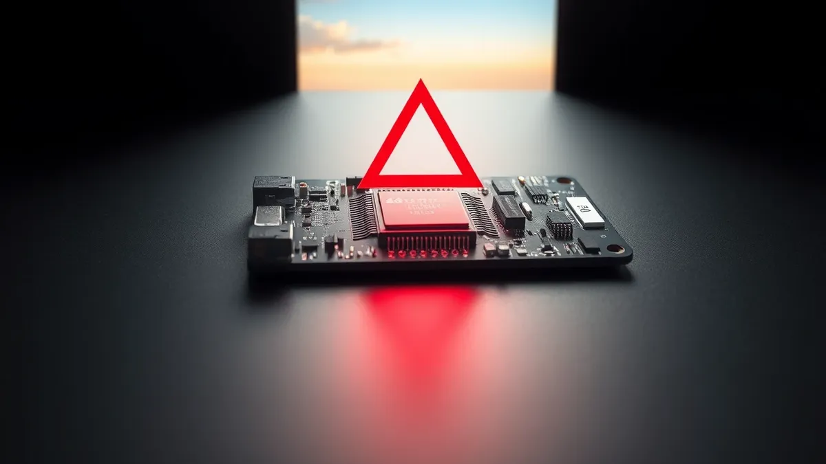 Illustration: A silver microcontroller board rests on a matte black surface, featuring a distinct 32-bit ARM processor chip at its center.