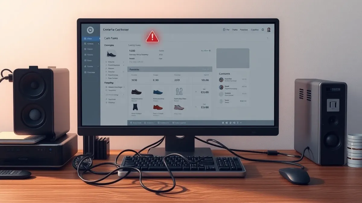 Illustration: A blank computer monitor sits on a cluttered office desk, displaying a generic e-commerce dashboard with empty product placeholders.