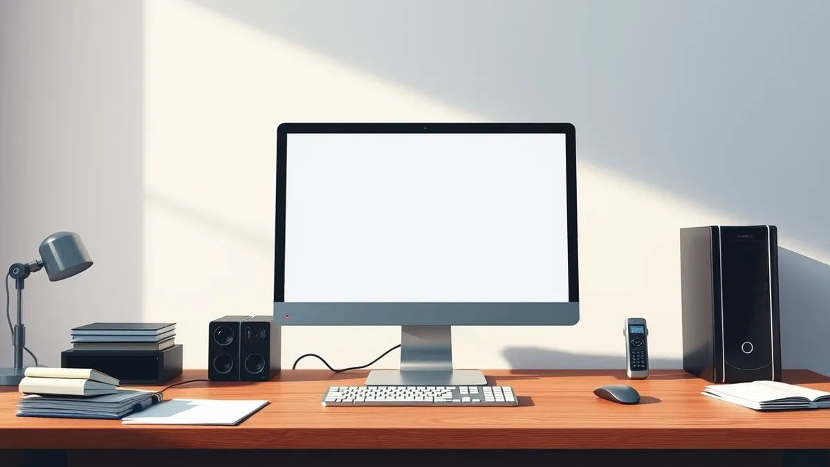 Illustration: A sleek desktop computer sits on a cluttered office desk with its monitor displaying a blank email client interface.