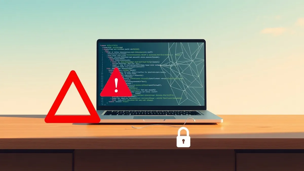 Illustration: An open laptop sits on a wooden desk, its screen filled with abstract geometric lines representing code structure.