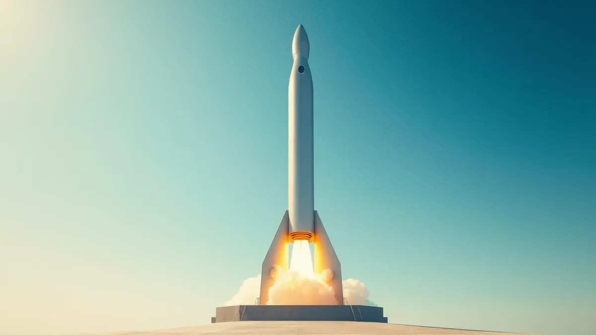 Illustration: A sleek silver rocket stands vertically on a concrete launch pad under a clear blue sky.