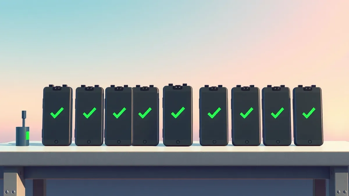 Illustration: A row of identical smartphone batteries sits on a workbench, each marked with a distinct green check symbol indicating extended lifespan.