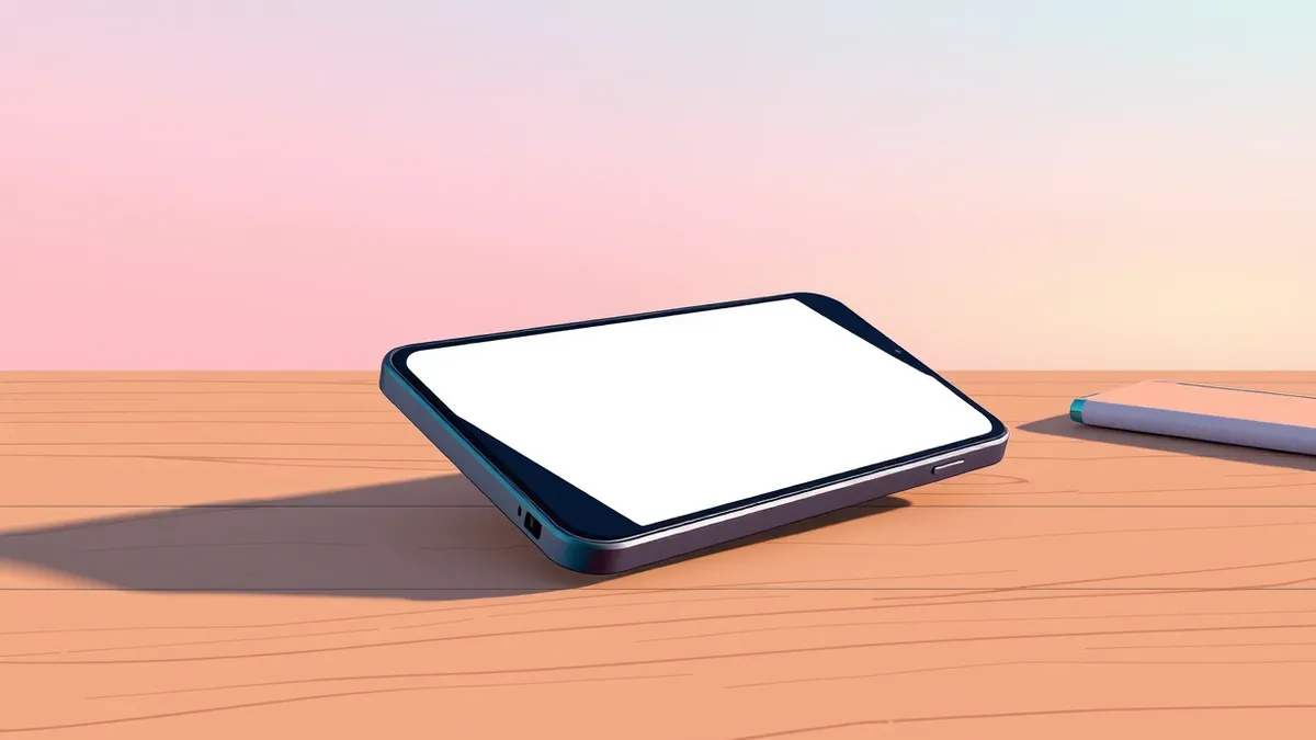 Illustration: A sleek smartphone rests on a wooden desk, its screen displaying a minimalist interface with geometric icons.