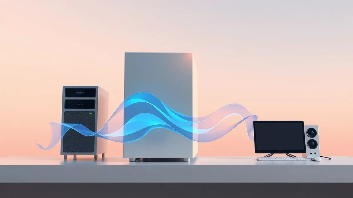 Illustration: A sleek, white server unit sits on a clean desk, its single front panel glowing with soft blue abstract waves.