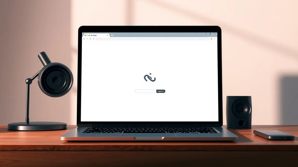 Illustration: A sleek laptop sits on a wooden desk, its screen displaying a stark, blank web browser window with a broken chain icon in the center.
