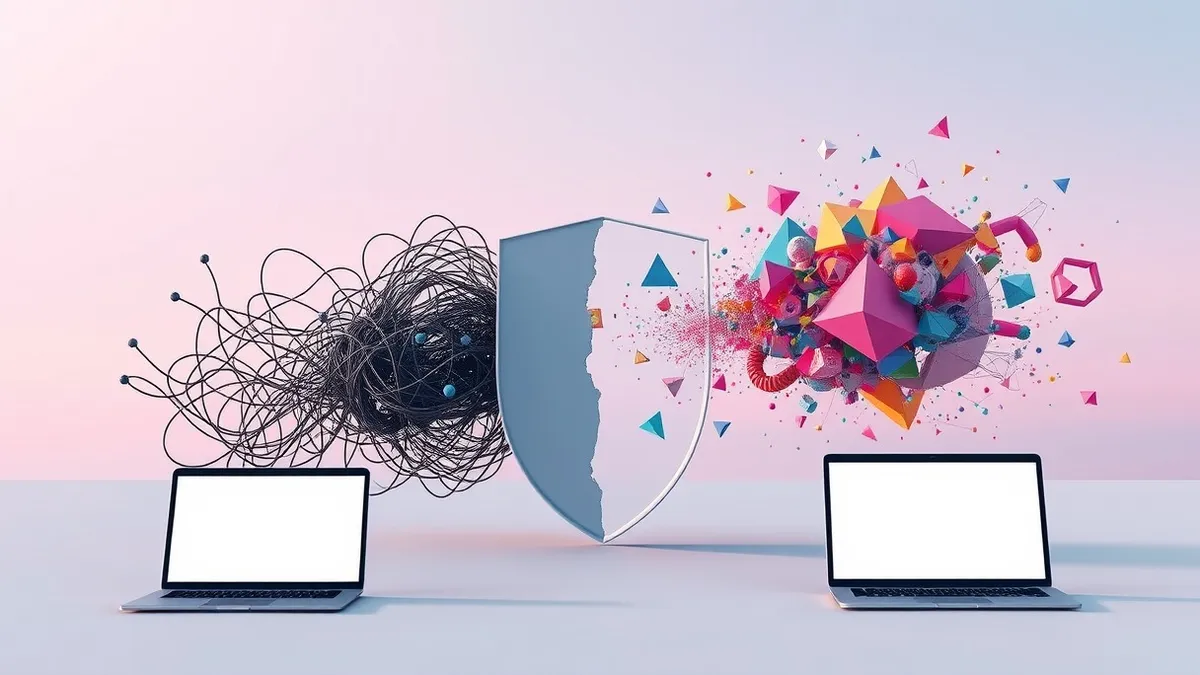 Illustration: A split composition shows a tangled knot of neural network nodes on the left and a spray of colorful abstract geometric shapes on the right.