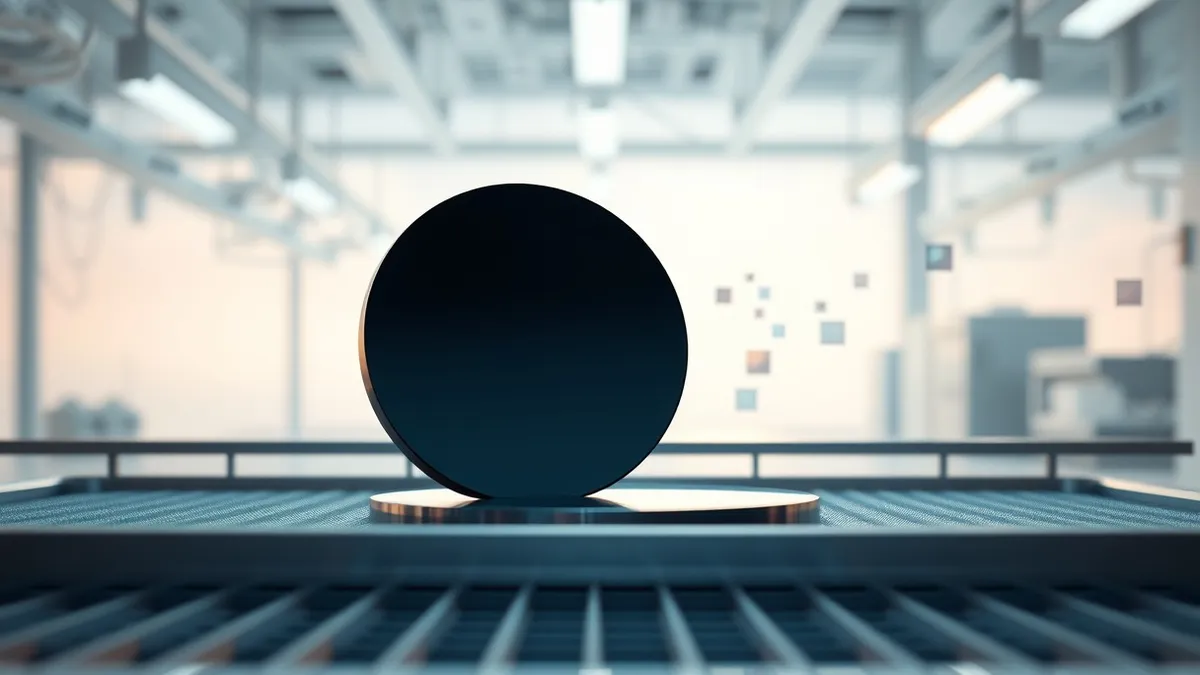 Illustration: A pristine silicon wafer rests on a clean metal tray inside a sterile laboratory.