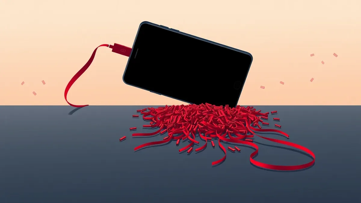 Illustration: A black smartphone rests upside down on a dark desk.