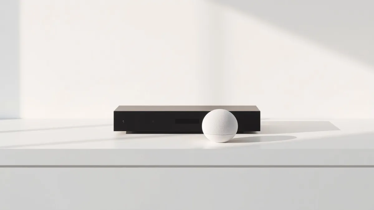 Illustration: A sleek black rectangular media streamer rests beside a small white spherical smart speaker on a clean white surface.