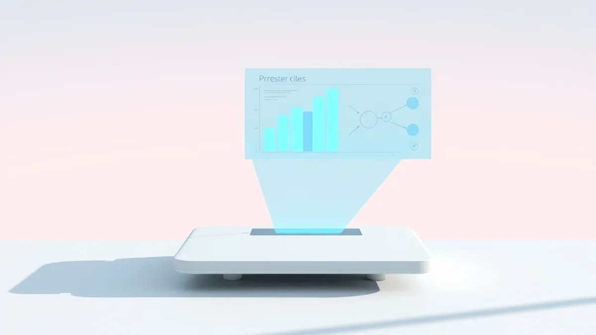 Illustration: A sleek white rectangular device sits on a clean desk, projecting a holographic interface of soft blue geometric shapes into the air.