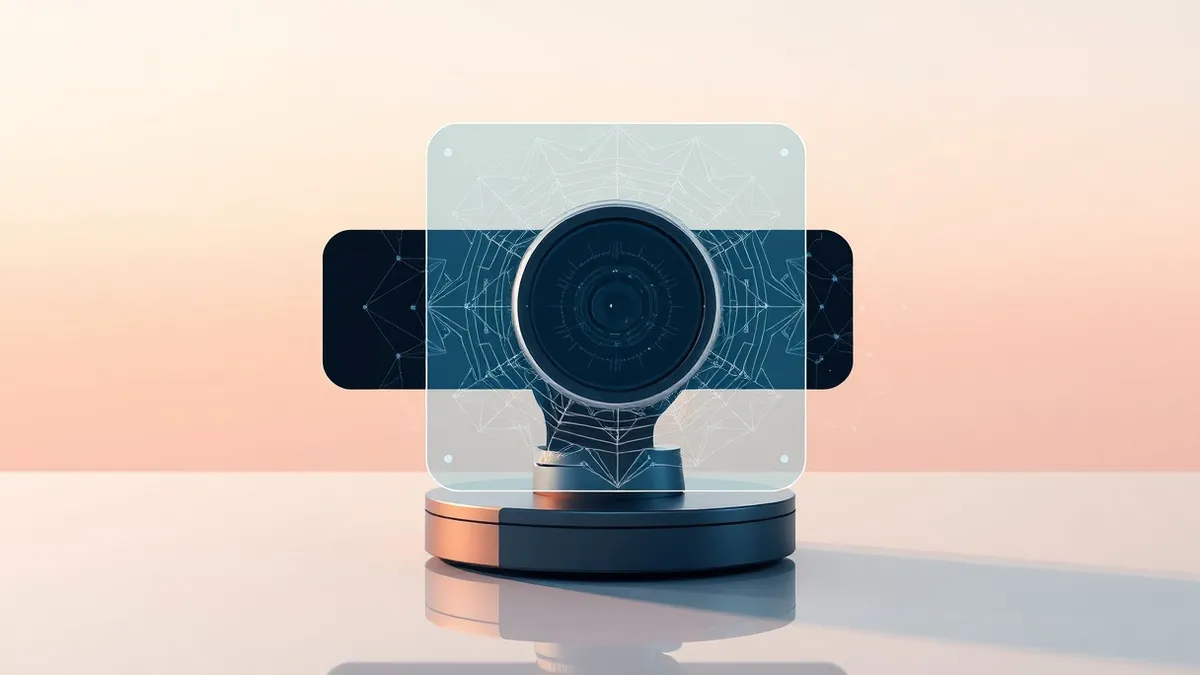 Illustration: A sleek video conference camera lens sits on a polished desk.