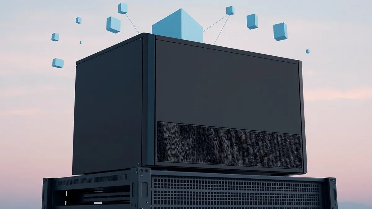 Illustration: A sleek black server unit sits on a metal rack, its front panel dominated by a large cooling fan and blank indicator lights.