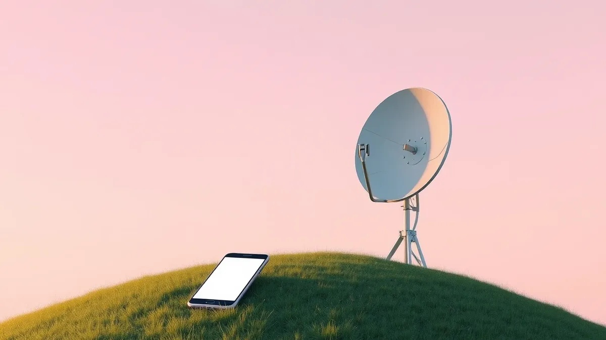 Illustration: A small satellite dish rests on a grassy hill, pointing towards the sky.