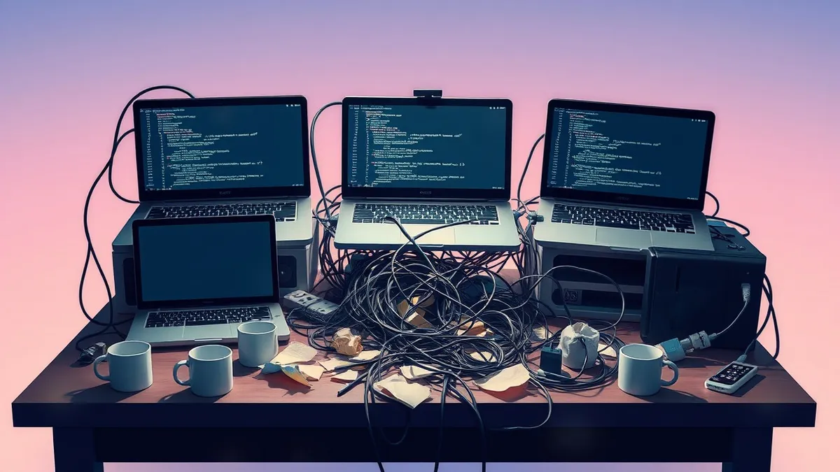 Illustration: A cluttered desk holds three open laptops displaying blank code editors, surrounded by empty coffee cups and crumpled sticky notes.