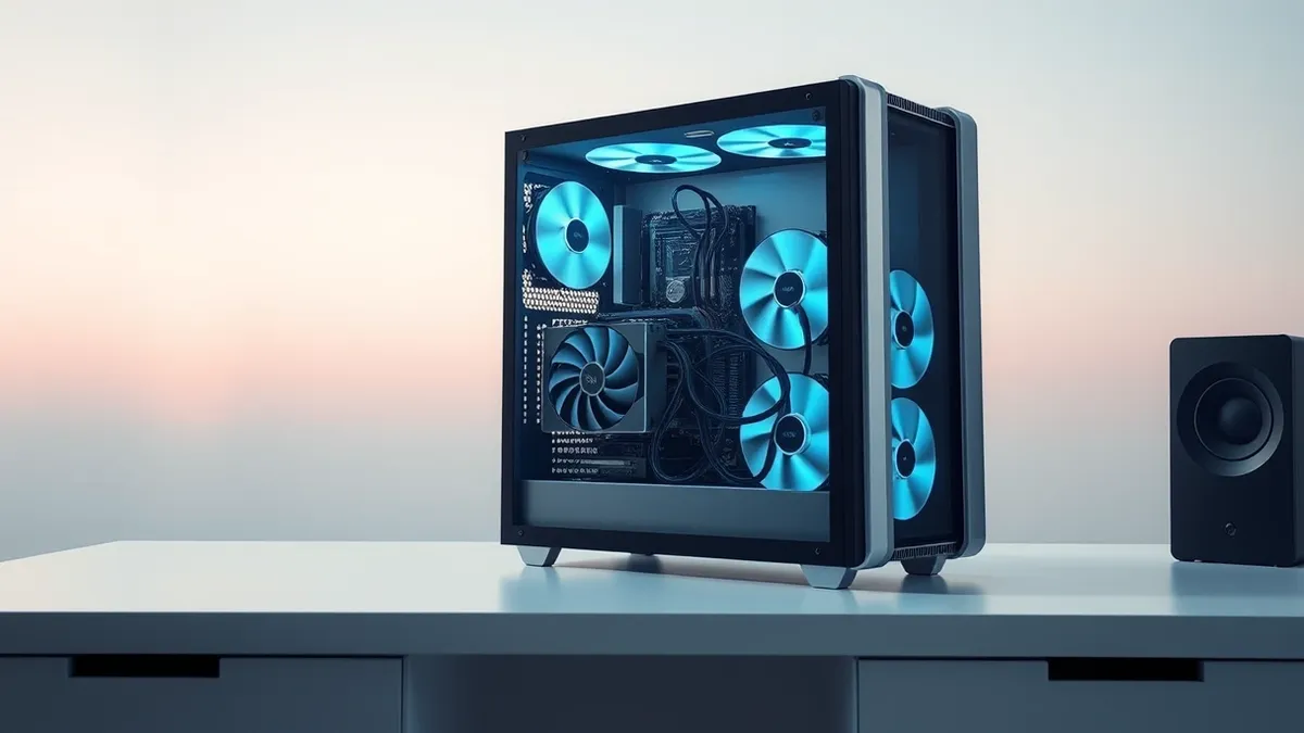 Illustration: A single desktop computer tower sits on a clean white desk.