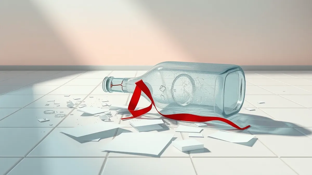Illustration: A broken glass bottle lies shattered on a sterile laboratory floor, spilling clear liquid over scattered white papers with abstract geometric shapes.